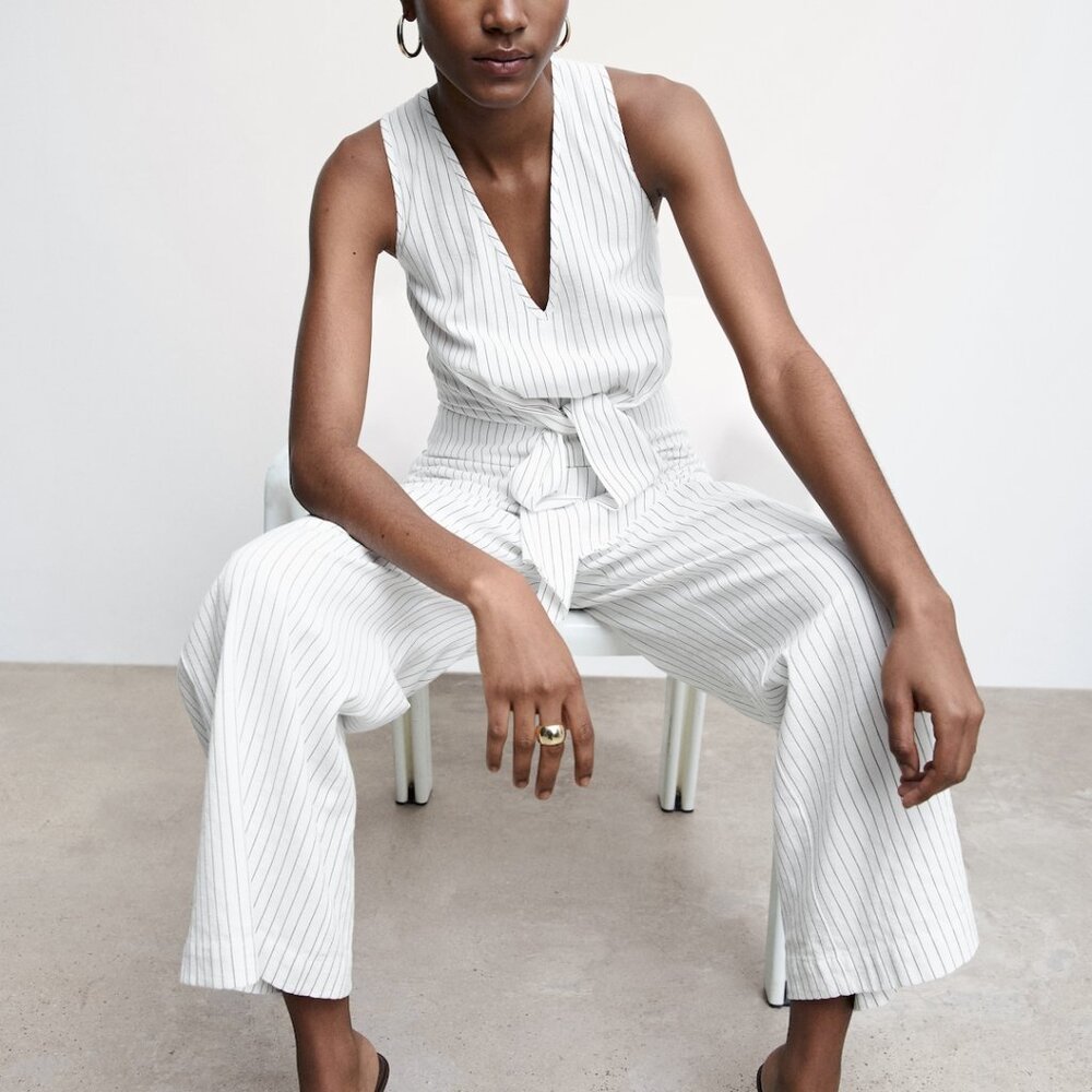 Mango MNG Striped White Linen Sleeveless Jumpsuit Sz XS NWT